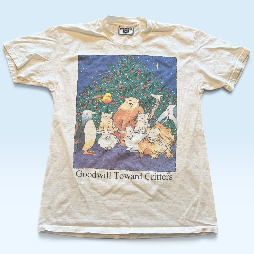 Vintage Lee Shirt Mens Medium White Goodwill Toward Critters Christmas T-Shirt